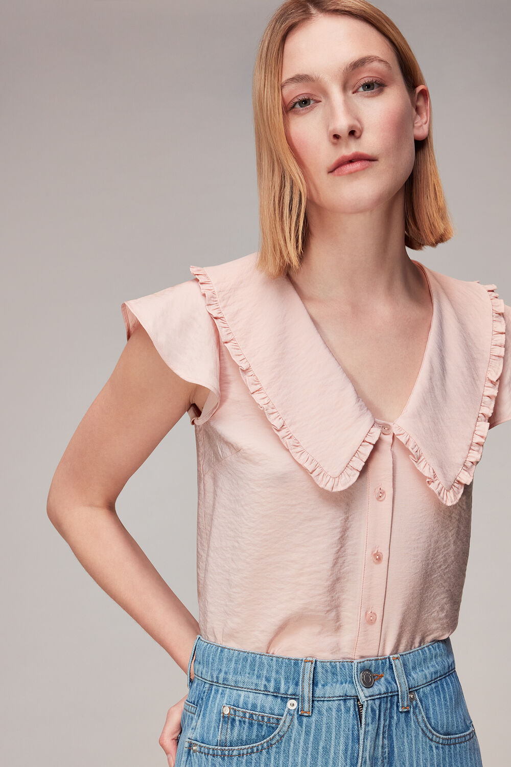 Pale Pink Short Sleeve Collar Top