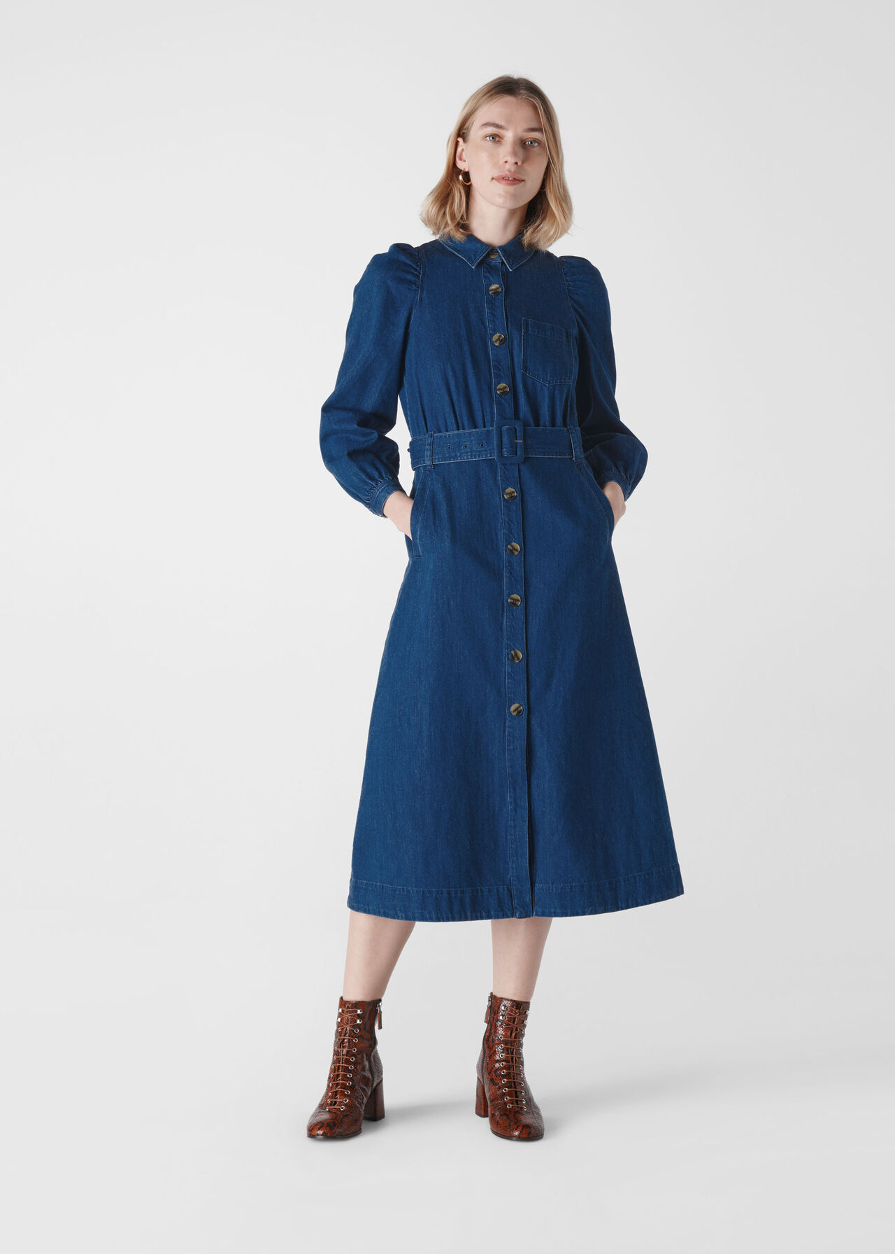 Denim Belted Midi Dress Denim