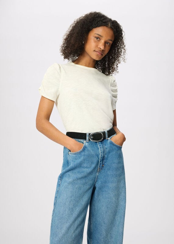 Ivory Round Neck Gathered Sleeve Tee