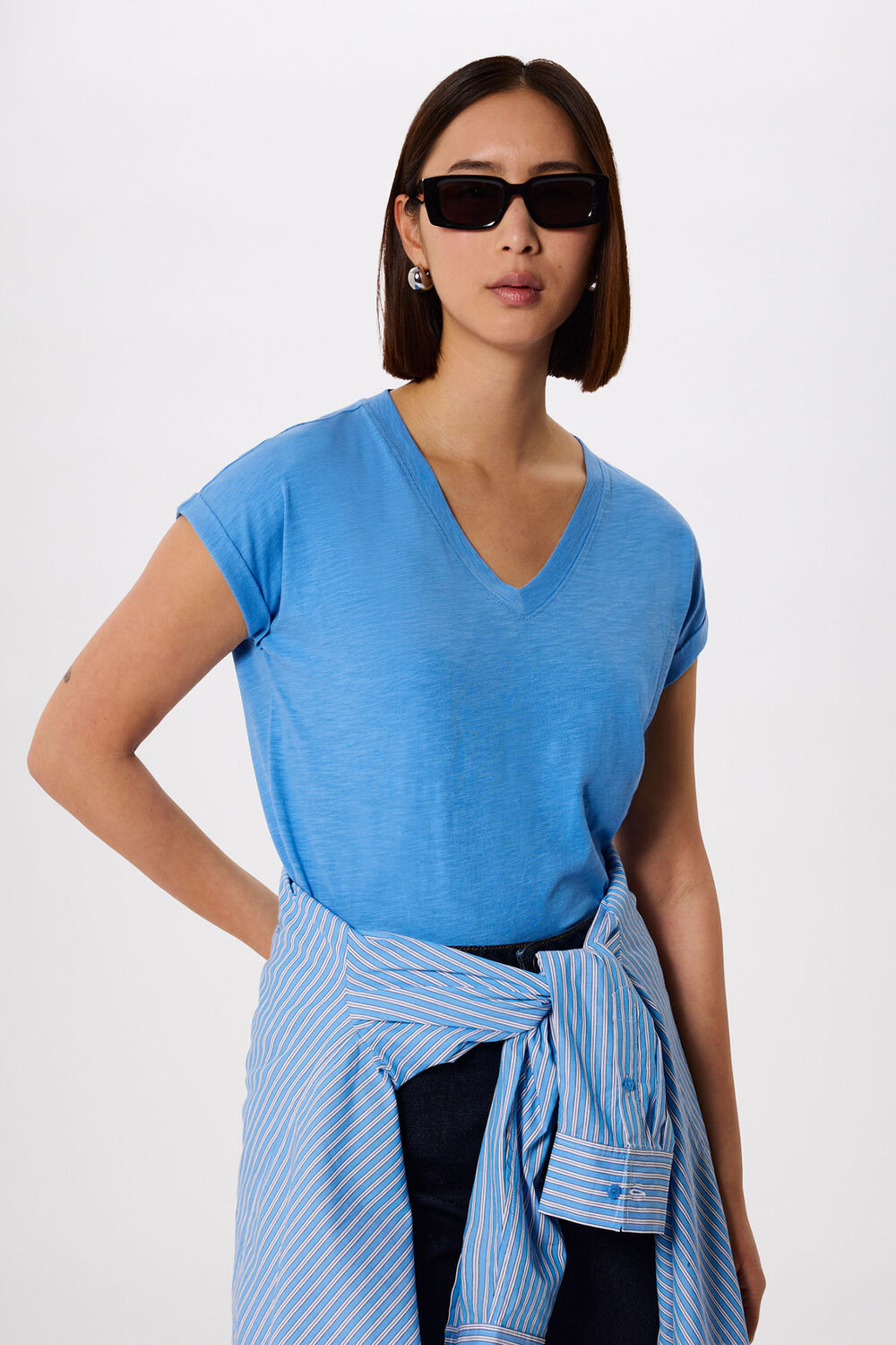Blue Willa V-Neck Cap Sleeve Tee