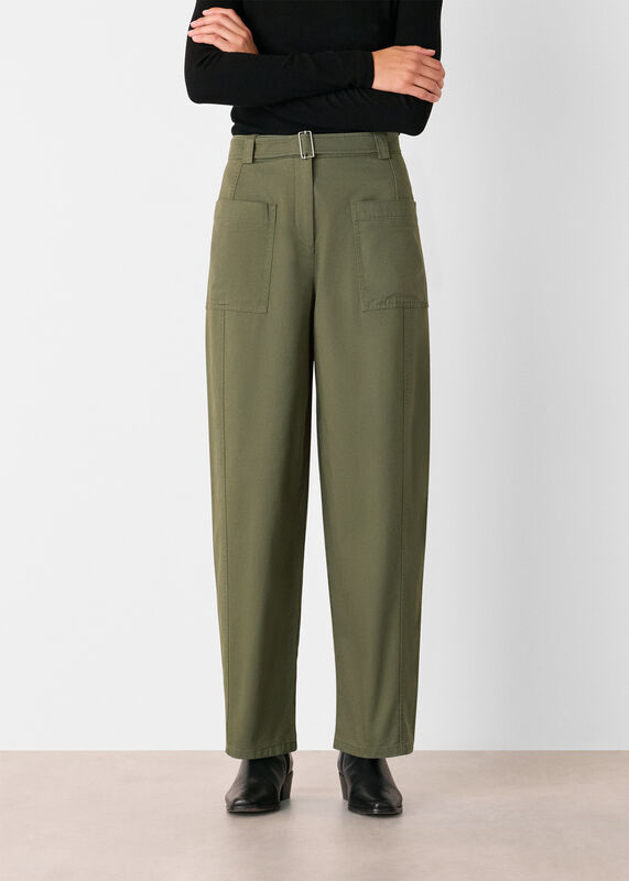Khaki Belted Cotton Barrel Trouser
