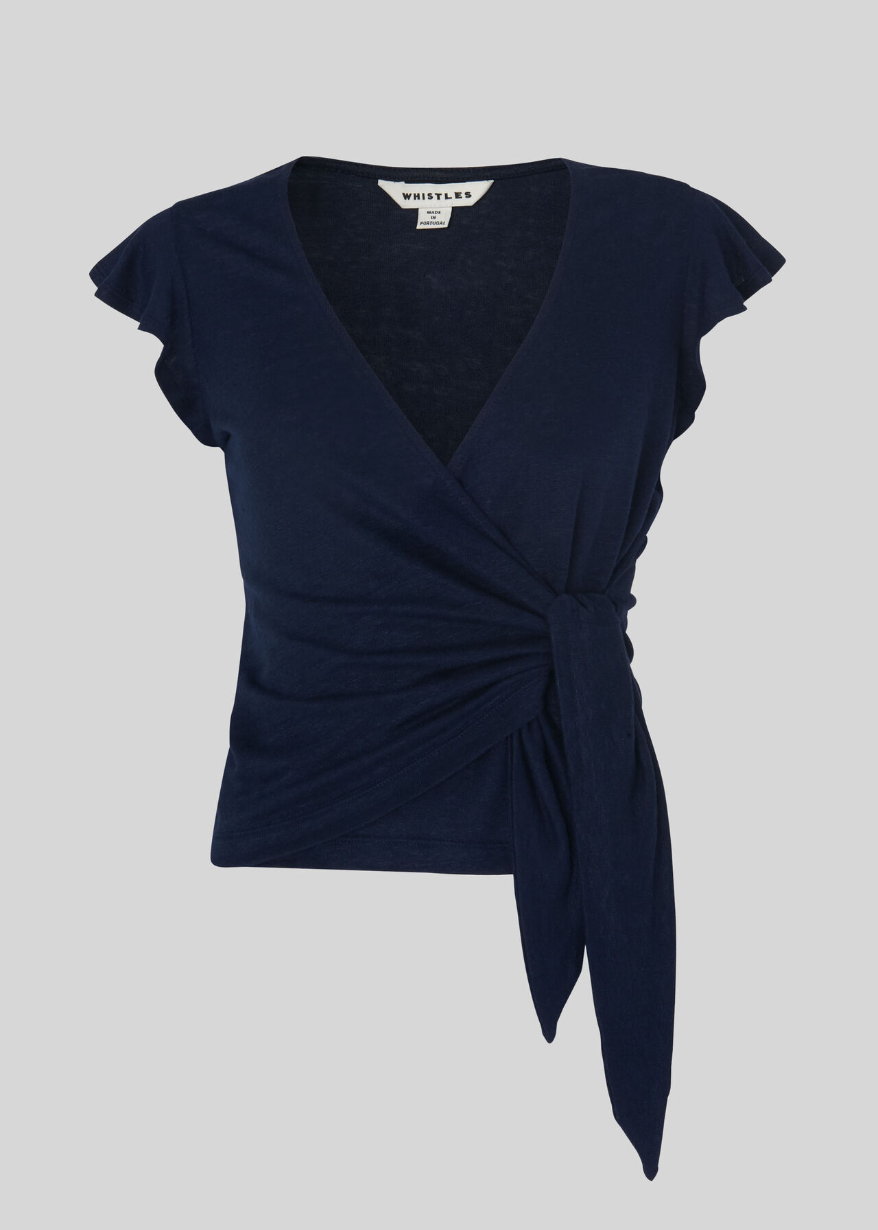 Frill Sleeve Linen Wrap Top Navy