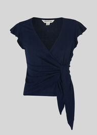 Frill Sleeve Linen Wrap Top Navy