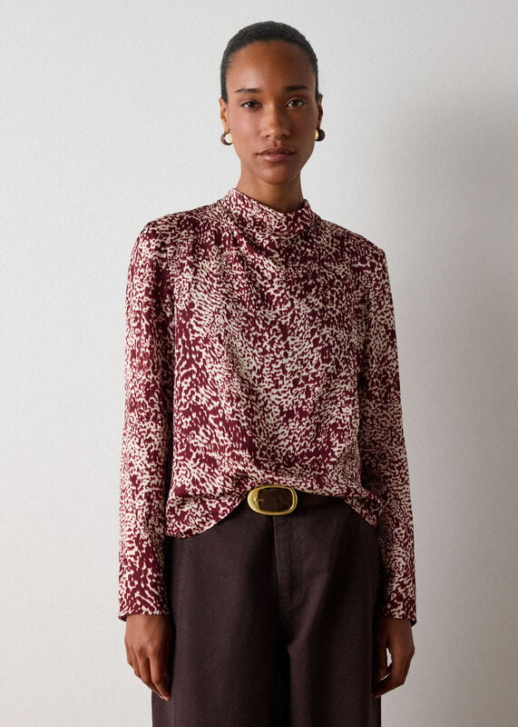 Burgundy Feathered Animal Satin Blouse