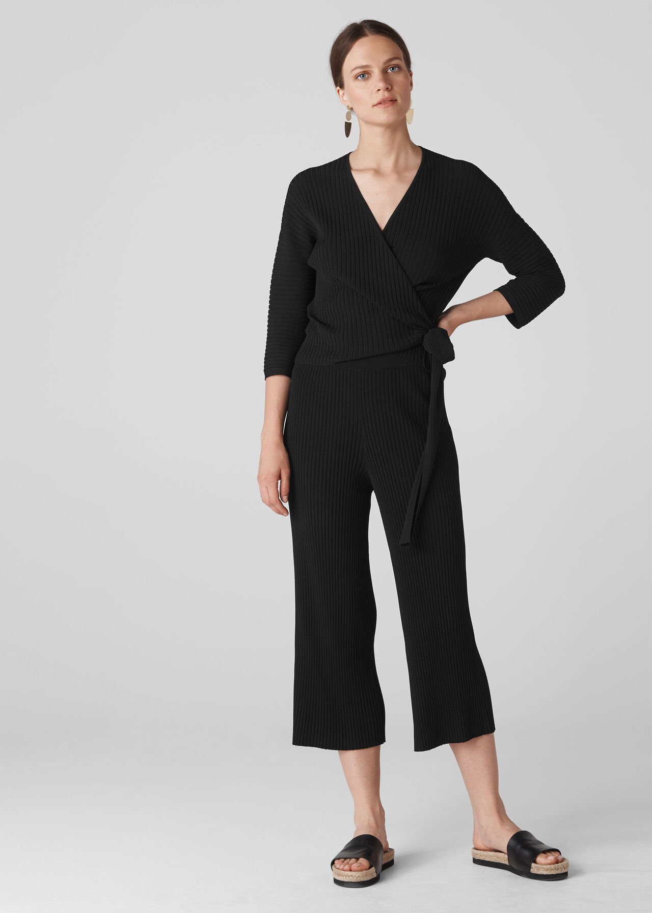 Rib Detail Knit Culottes Black