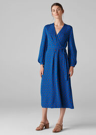 Maria Spot Silk Wrap Dress Blue/Multi