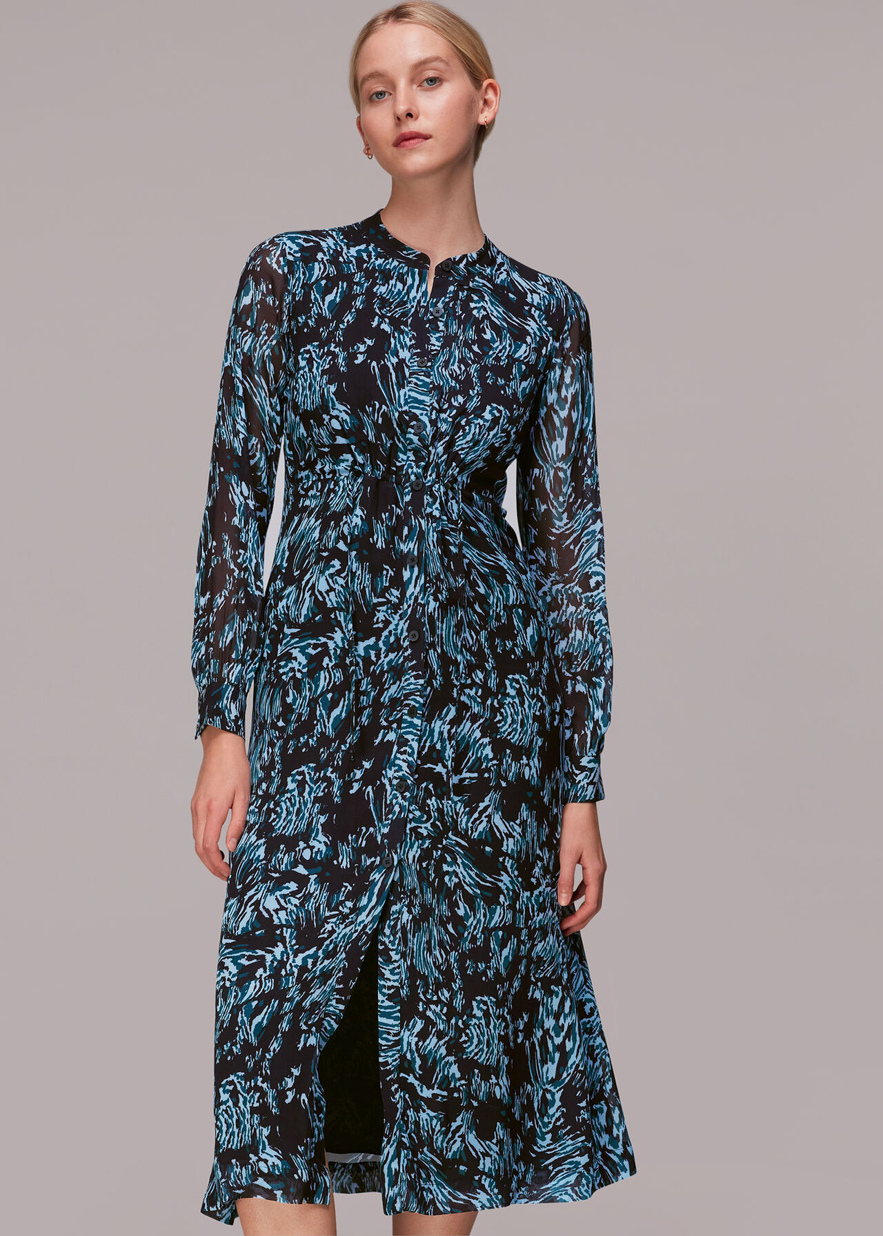Blue/Multi Wood Tiger Print Midi Dress | WHISTLES
