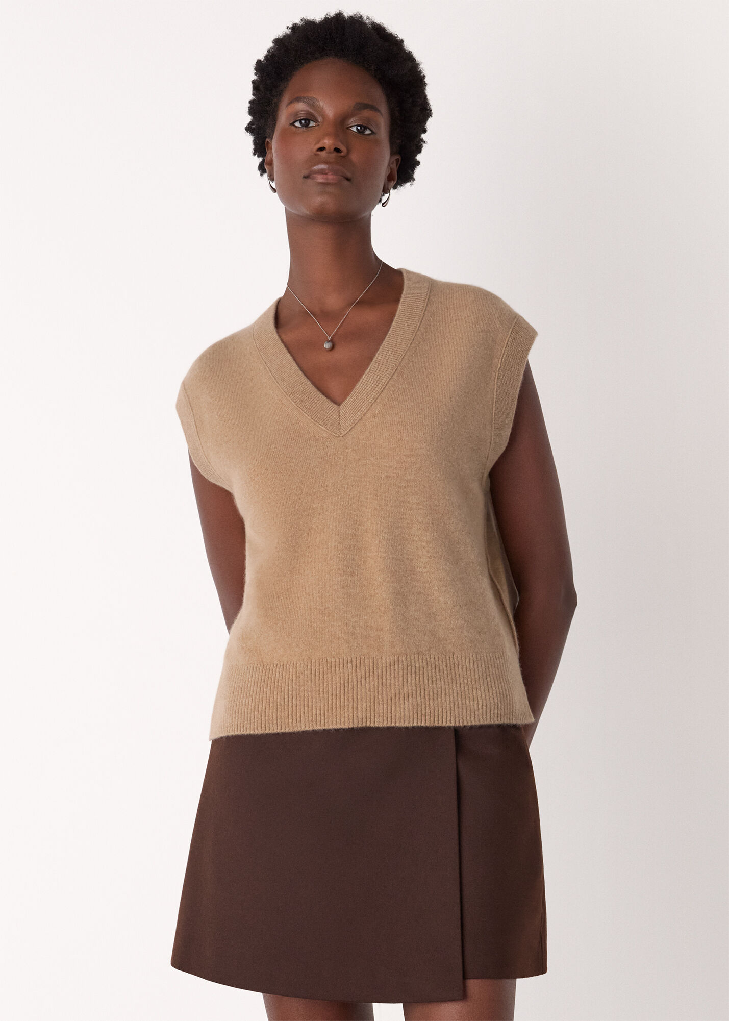 Camel Cashmere V Neck Tank | WHISTLES | Whistles UK |