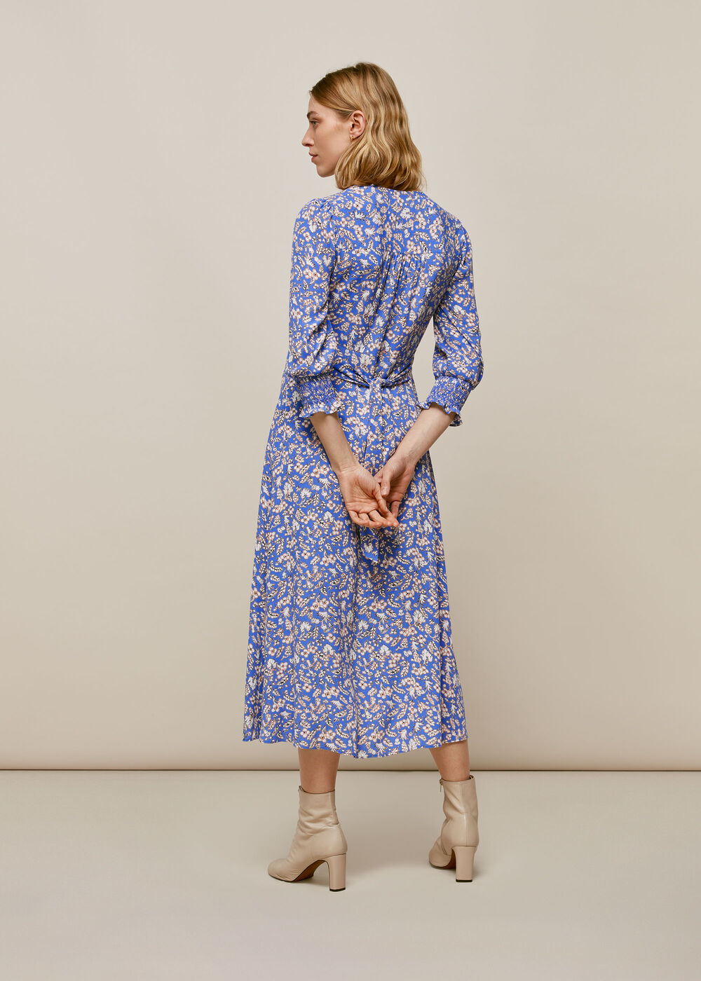 Wheat Floral Shirred Dress