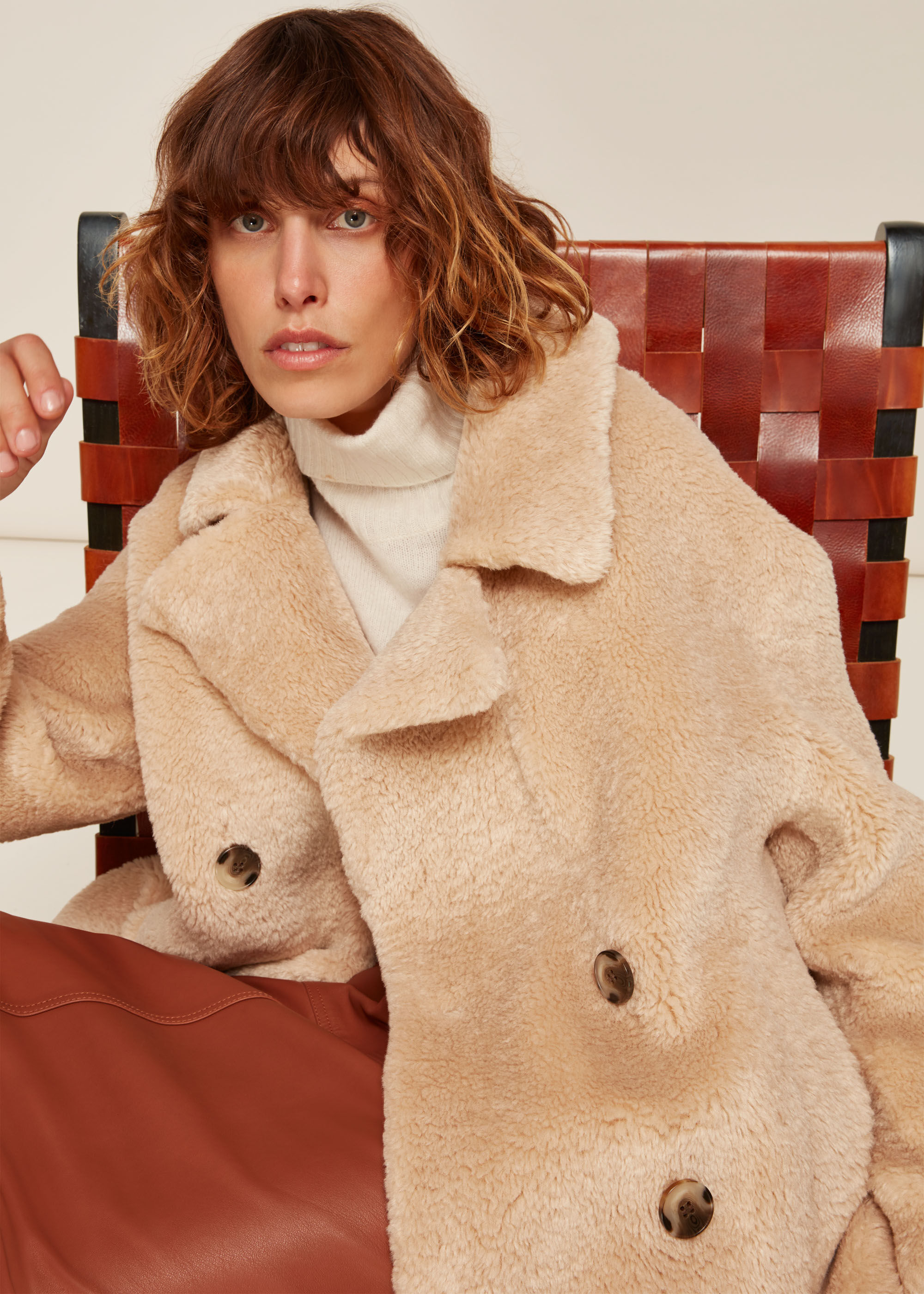 Neutral Teddy Double Breasted Coat WHISTLES Whistles US