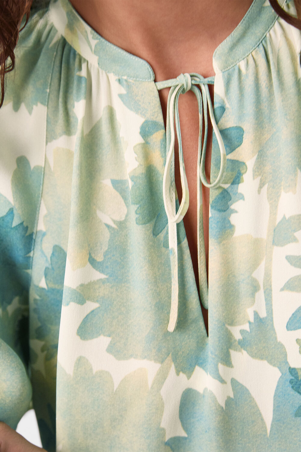 Blue Floral Tie Neck Blouse