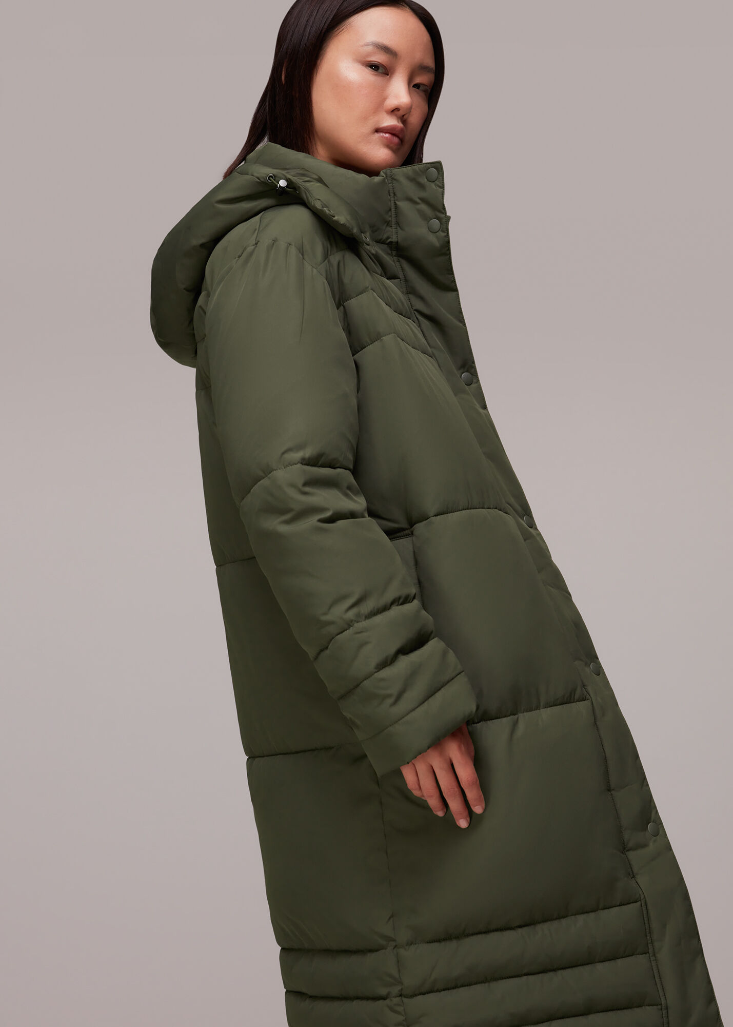 Khaki Green Longline Puffer Coat with a Removable Hood Whistles