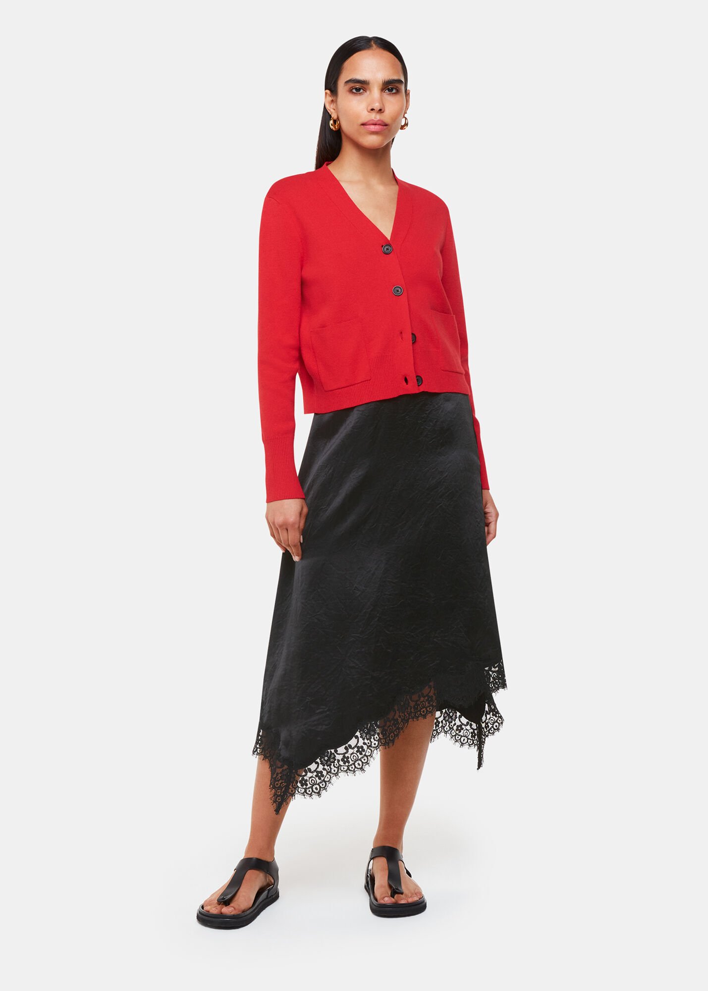 Black Lace Trim Midi Skirt | WHISTLES | Whistles US |