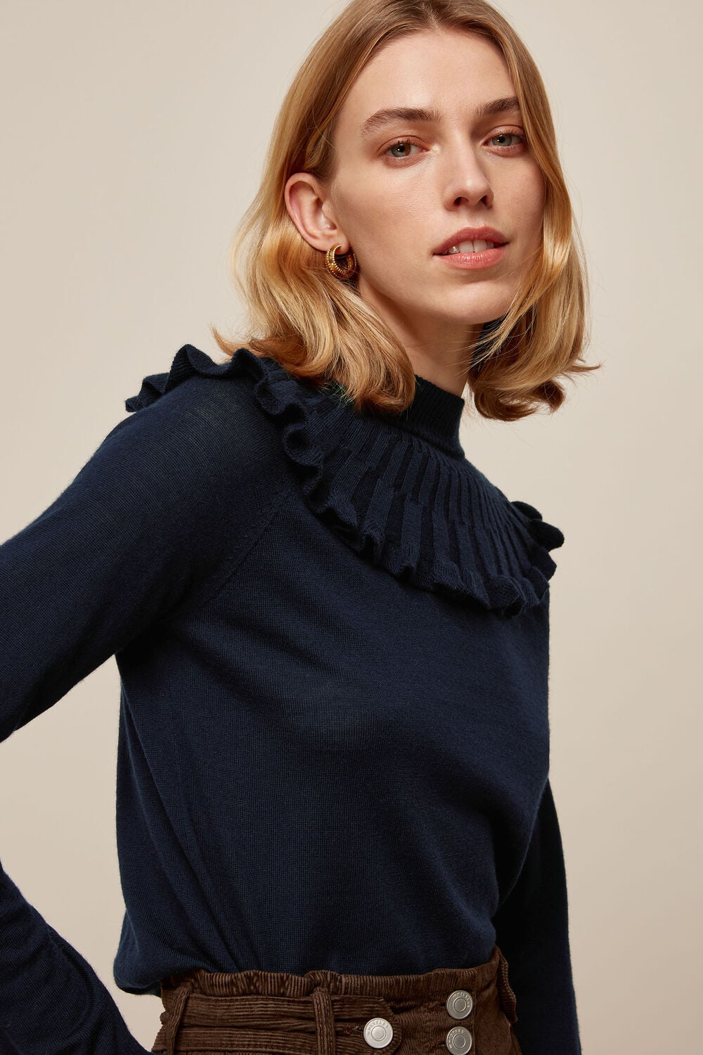 Frill Fine Merino Wool Knit Navy