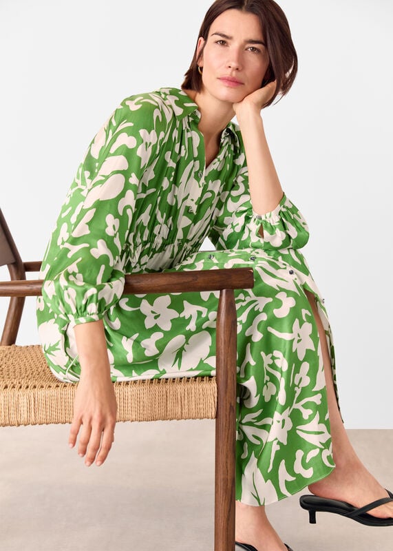 Green Floral Trapeze Shirt Dress