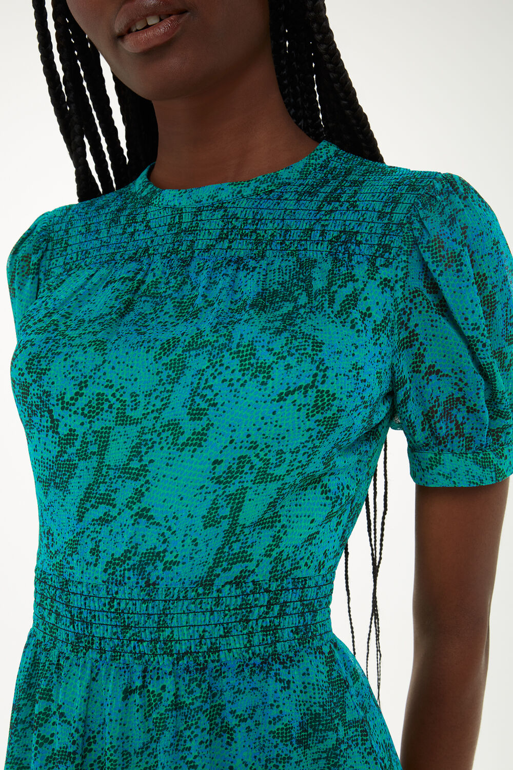 Teal Diagonal Snake Shirred Dress