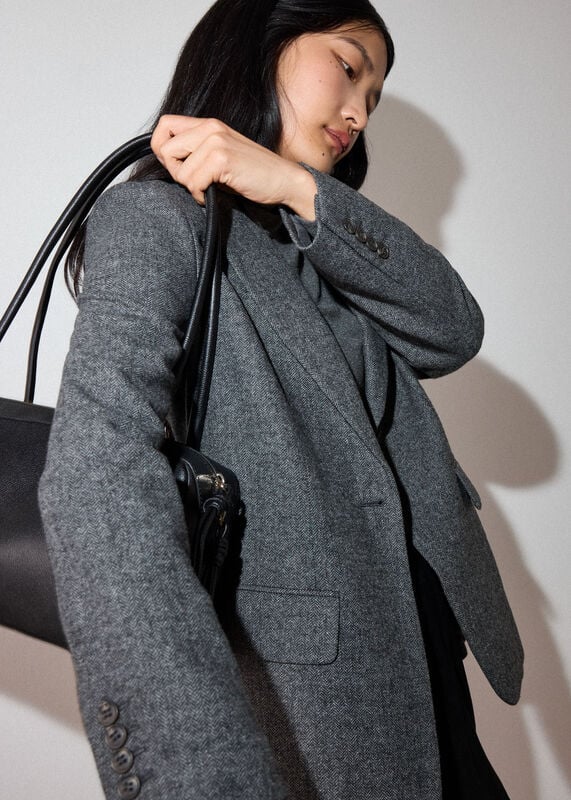 Grey Petite Herringbone Wool Blend Blazer