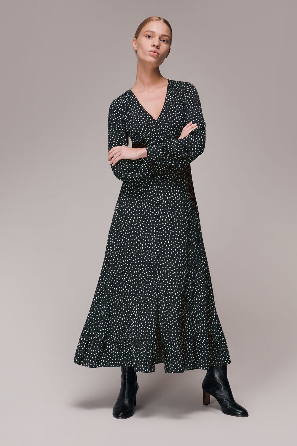 Black Stamp Spot Print Midi Dress