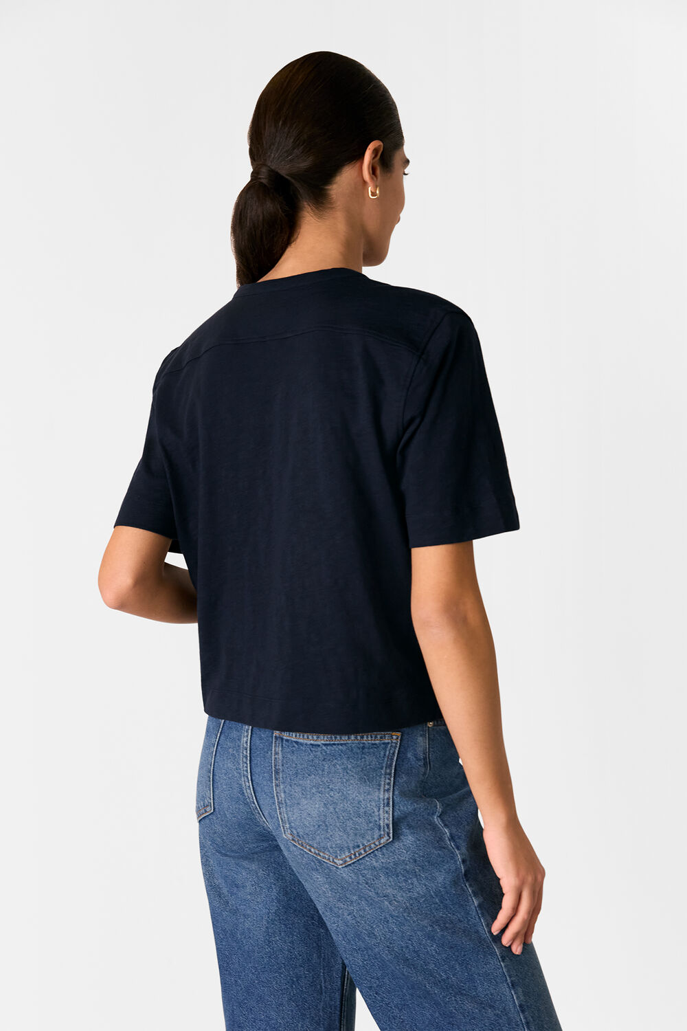 Navy Ella V Neck Button Through Tee