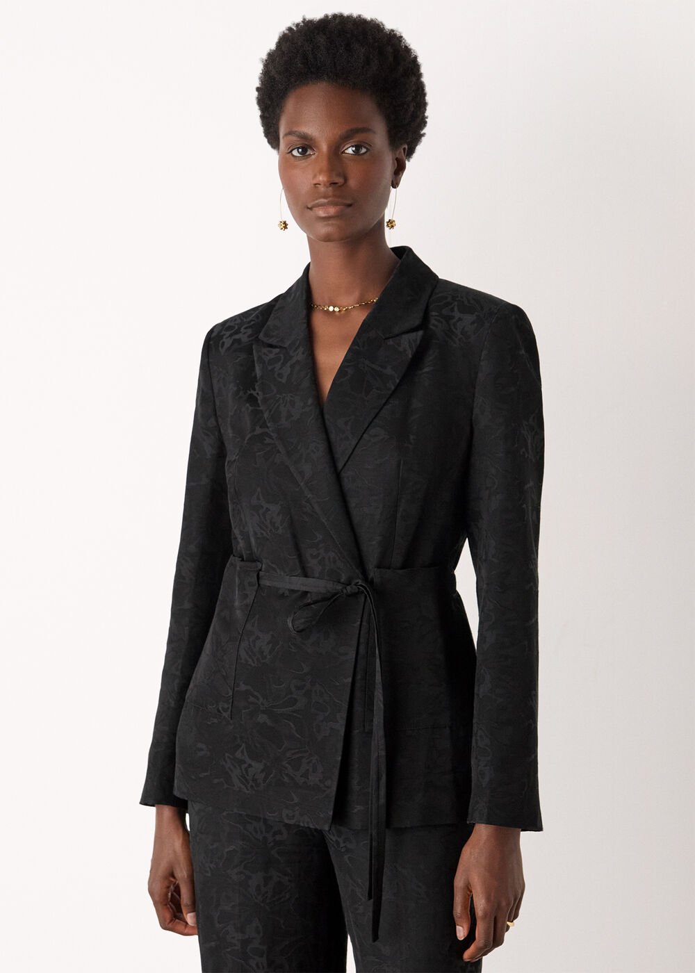 Jacquard Tie Waist Blazer