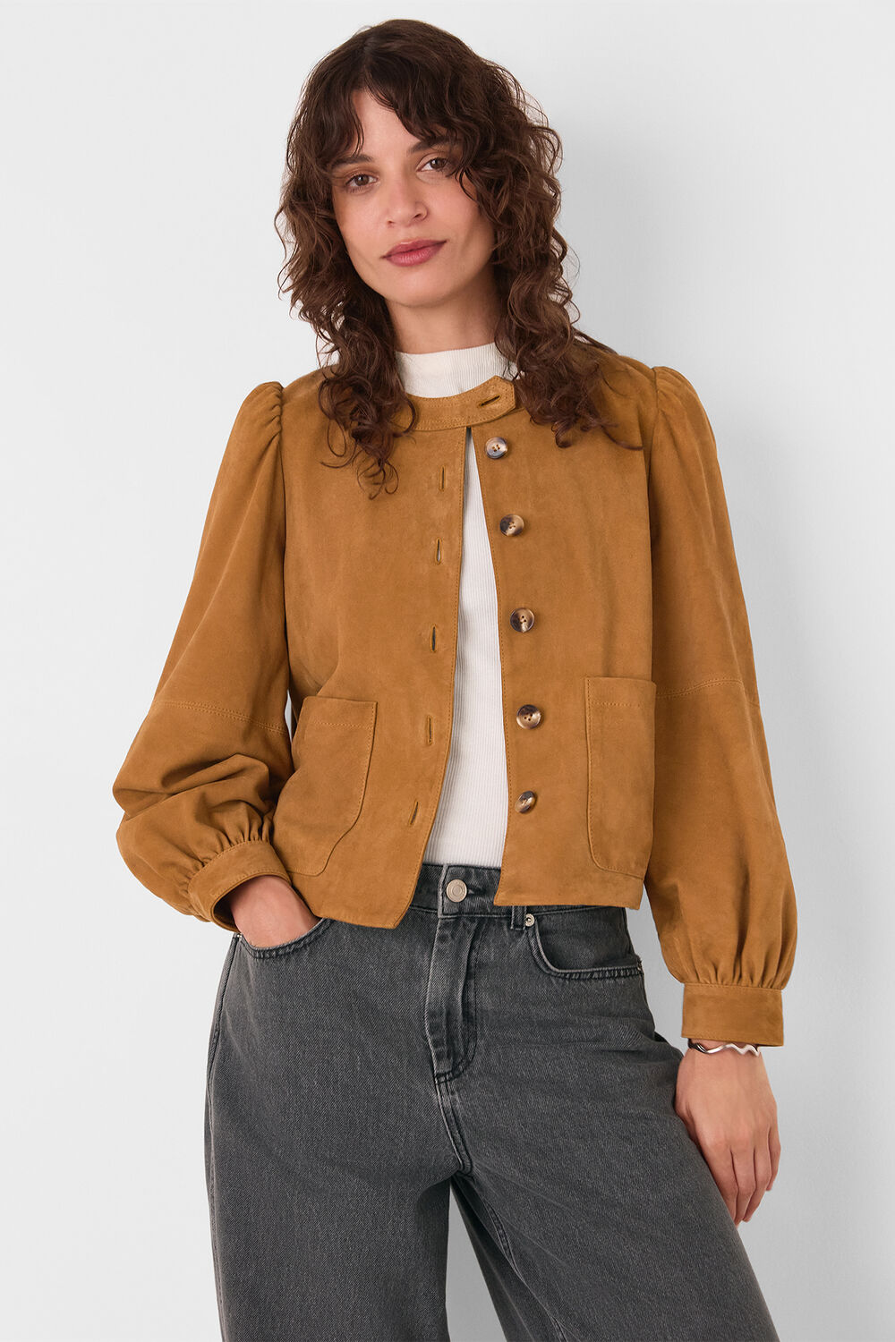 Camel Button Front Suede Jacket