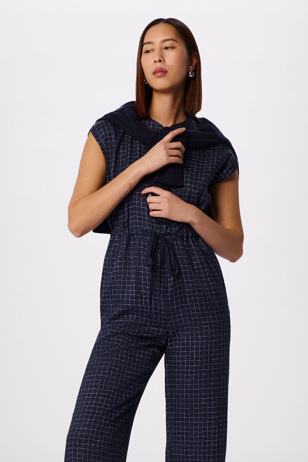 Blue Petite Grid Print Sleeveless Jumpsuit