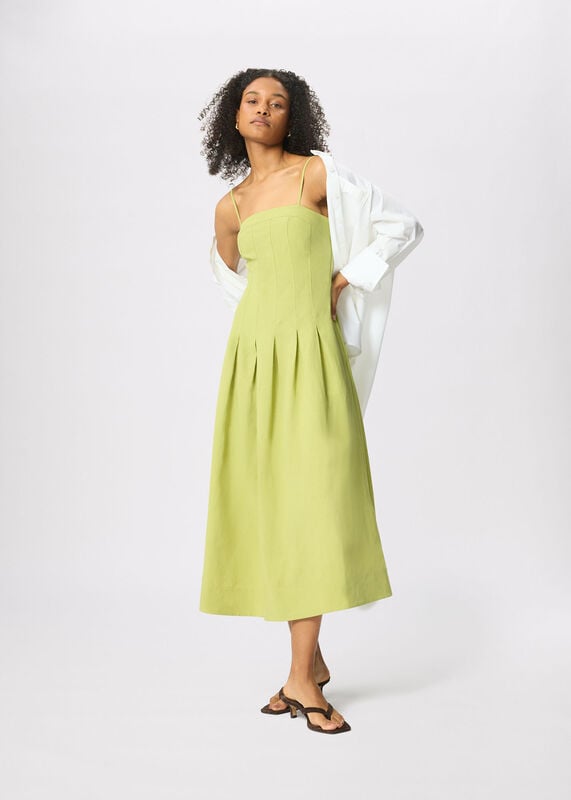 Green Linen Blend Waisted Midi Dress