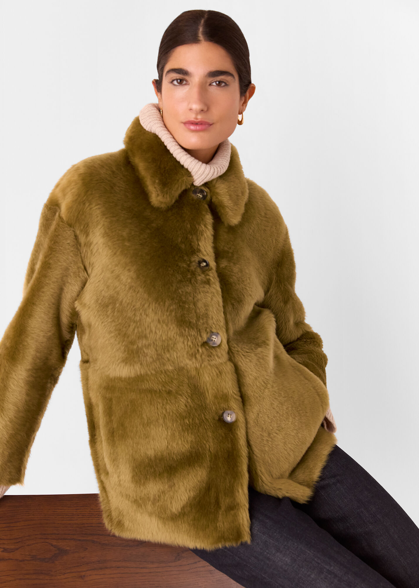 【みのり】THETOE Zeil Fur Coat ブラウン WOMEN SHEARLING- 3/4 LONG TAN SHEARLING WITH GOLD FOX FUR AND HOOD