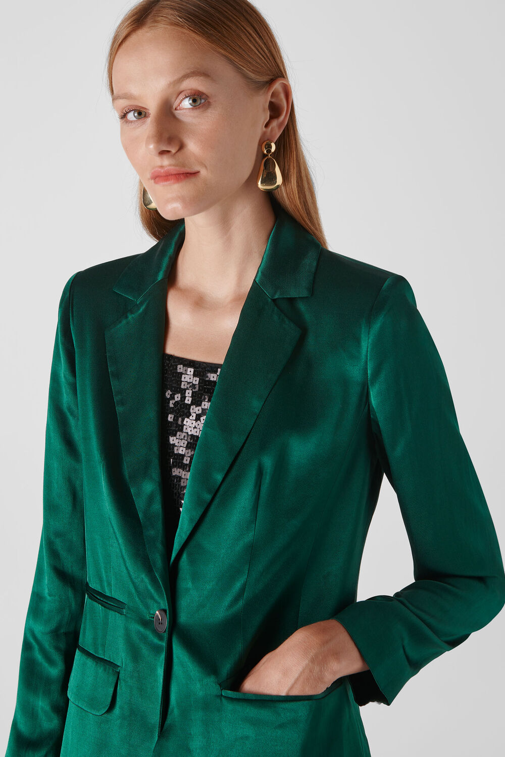 Satin Single Breasted Blazer Dark Green