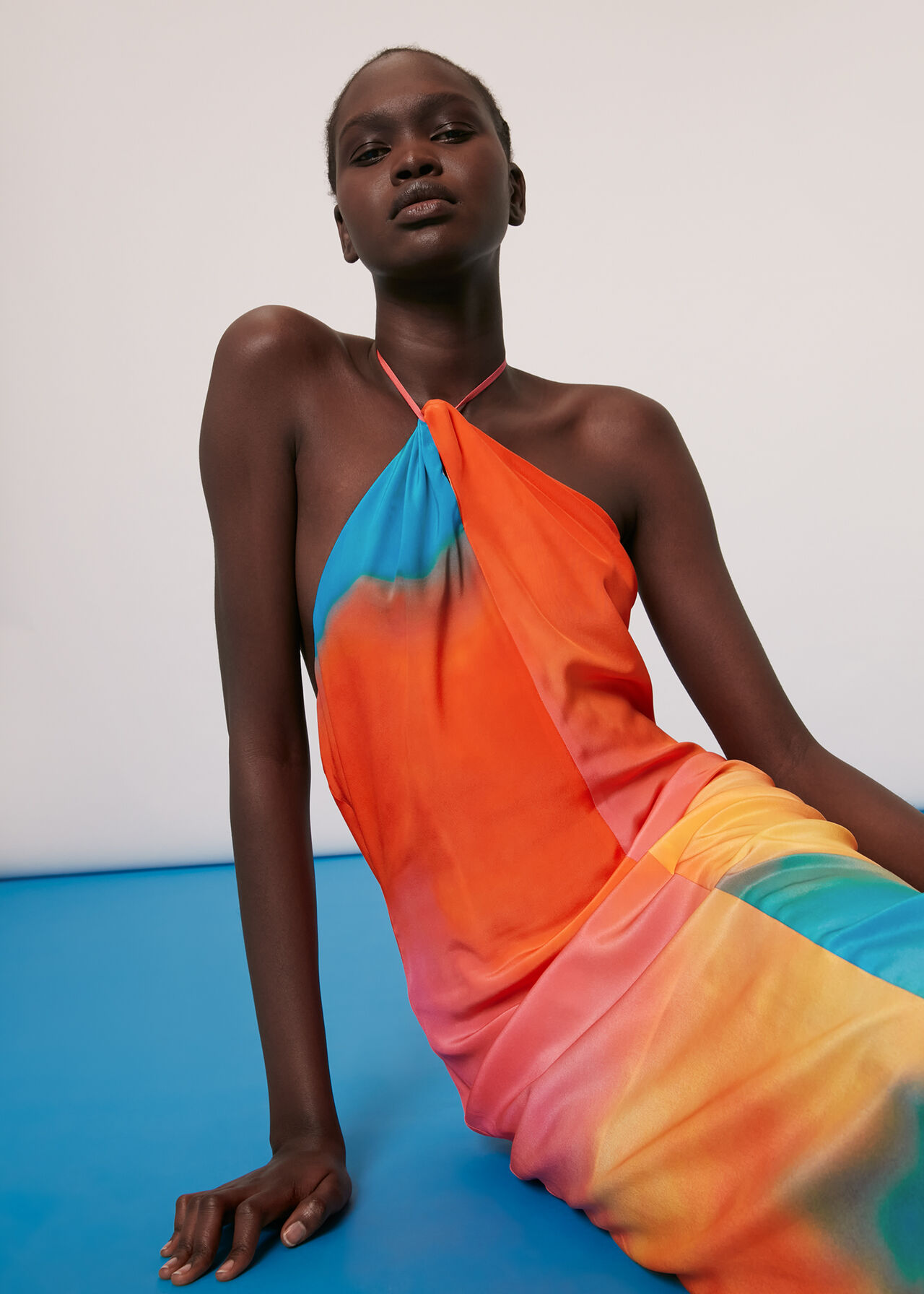 Multicolour Halterneck Rainbow Silk Dress | WHISTLES