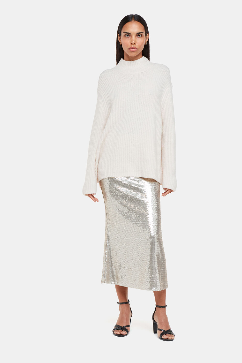 Silver Sequin Midi Skirt