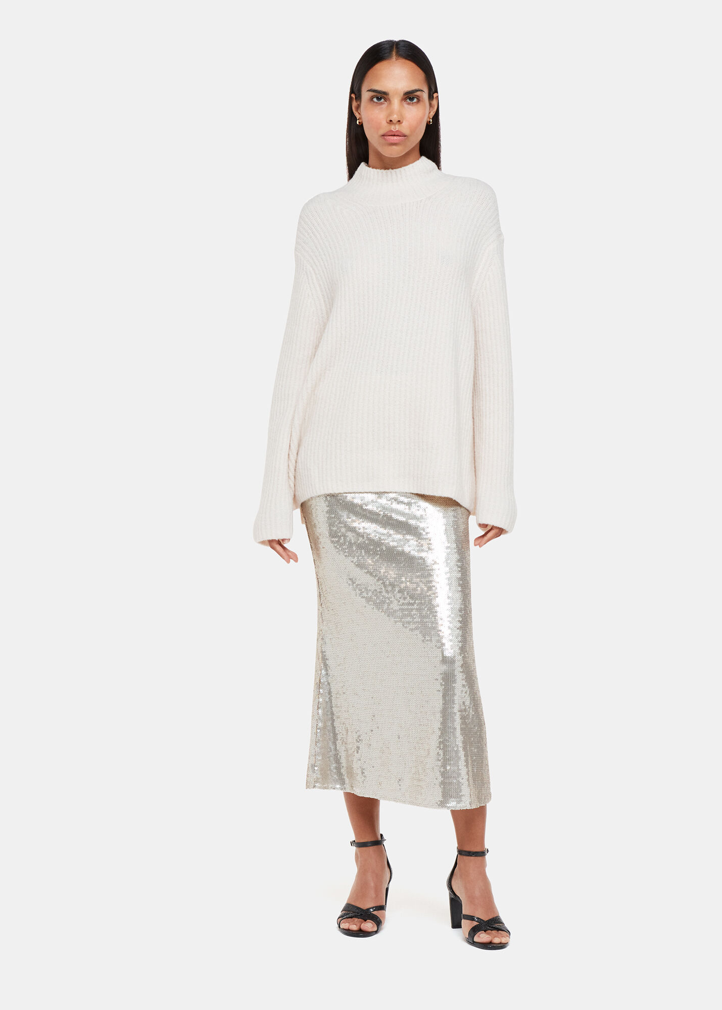 Back Slit Glitter Sequin Midi Skirt