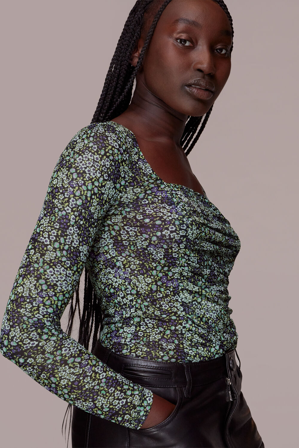 Green Mesh Square Neck Gathered Top