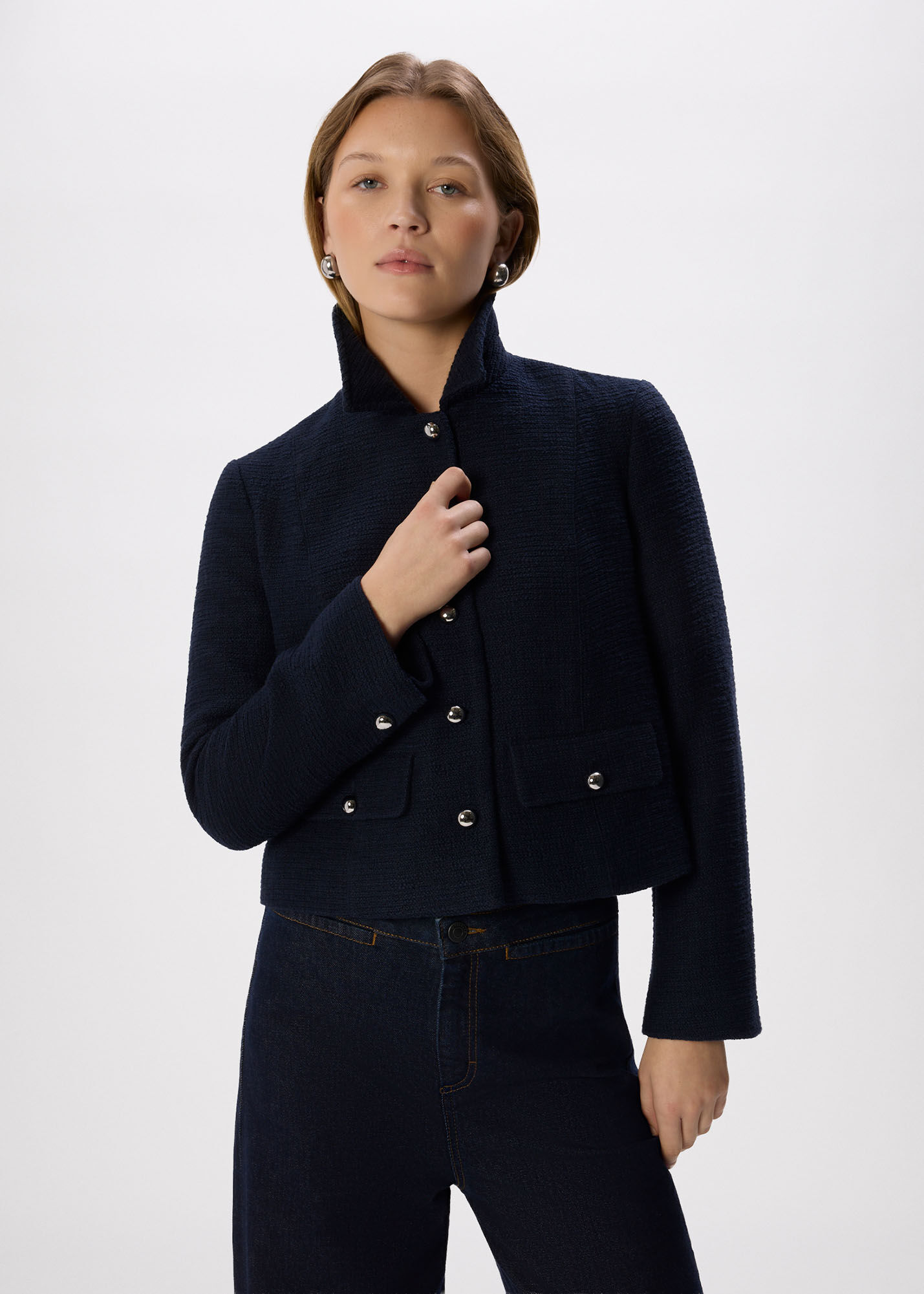 新品　BRIEFING WINDBLOCK BOUCLE BLOUSON Navy Cropped Boucle Jacket | WHISTLES | Whistles US |