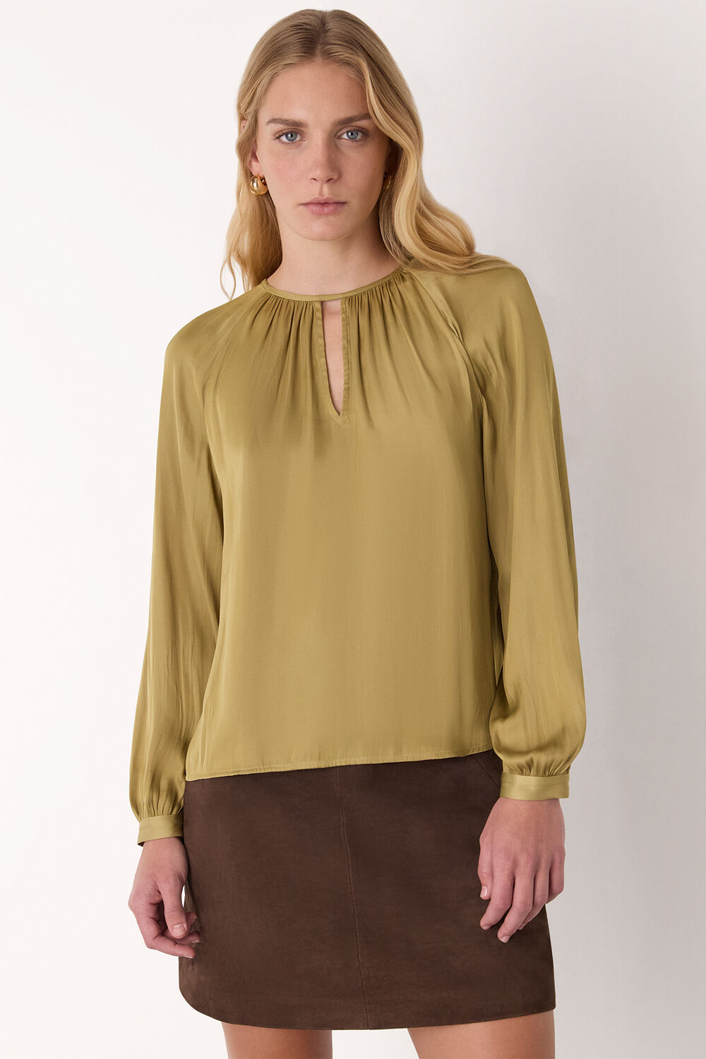 Khaki Gathered Satin Blouse