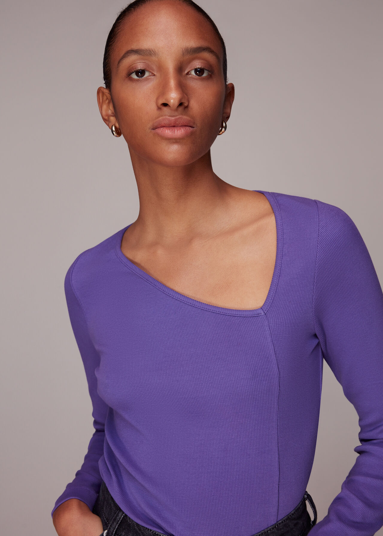 Purple Ribbed Asymmetric V-Neck Top, WHISTLES