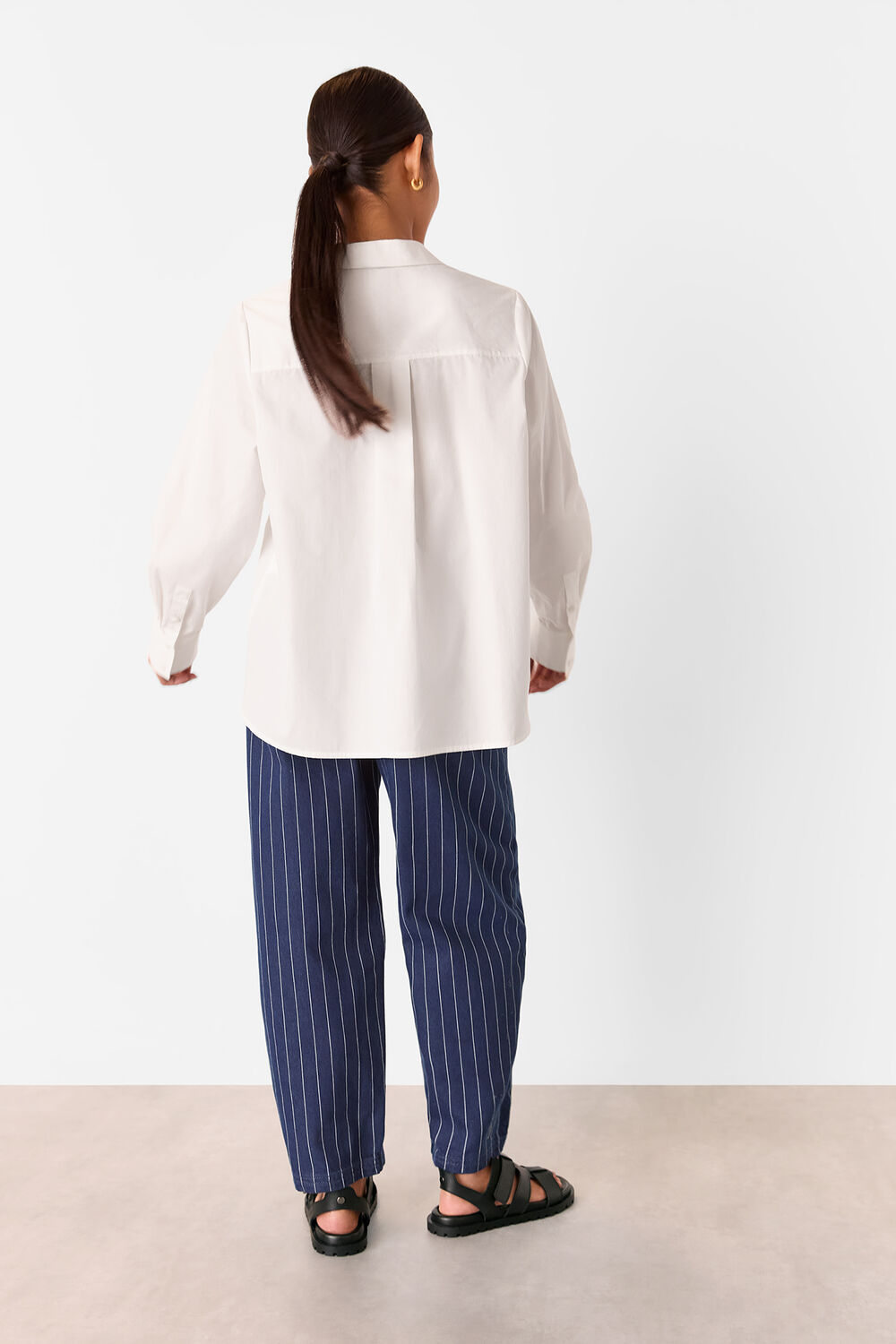 Navy Petite Pinstripe Barrel Leg Jean