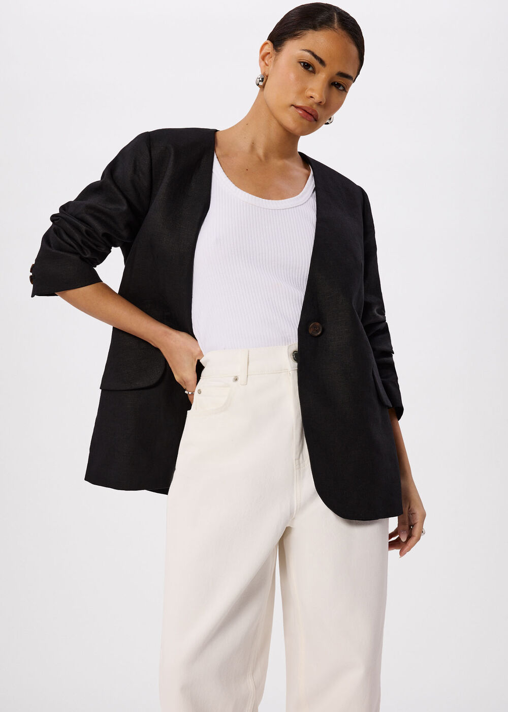 Petite Collarless Linen Blazer