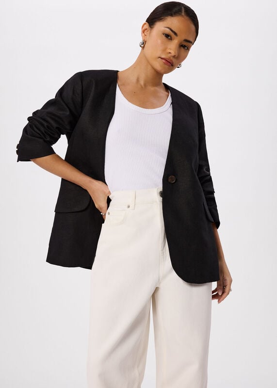 Black Petite Collarless Linen Blazer