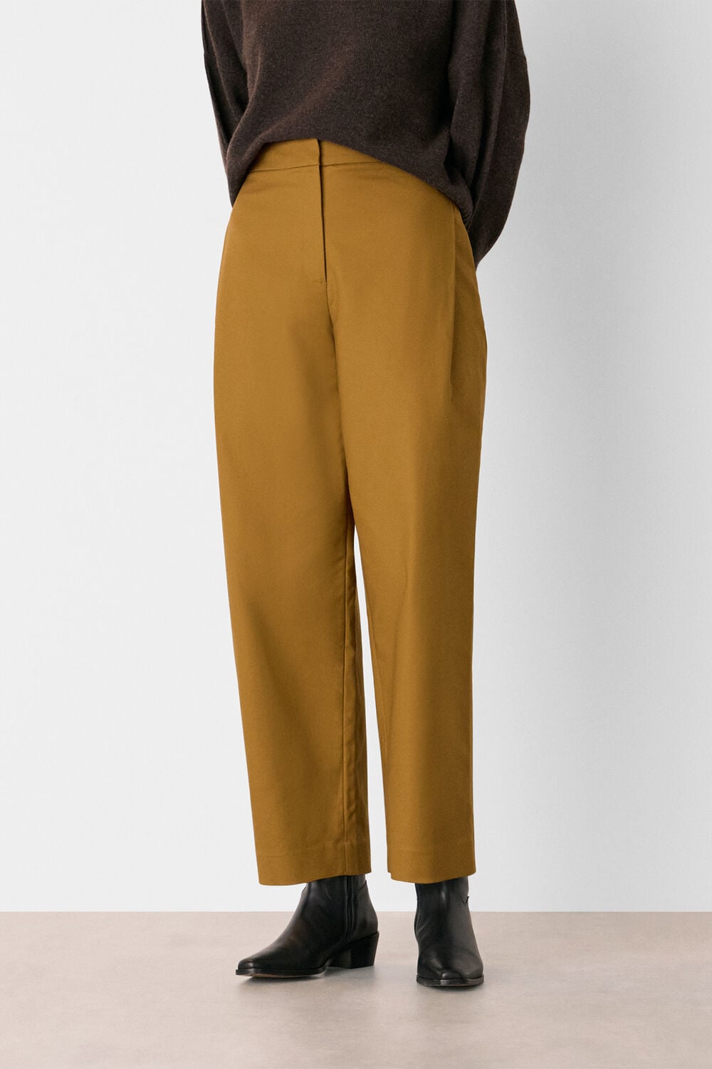 Camel Side Pleat Tapered Trouser