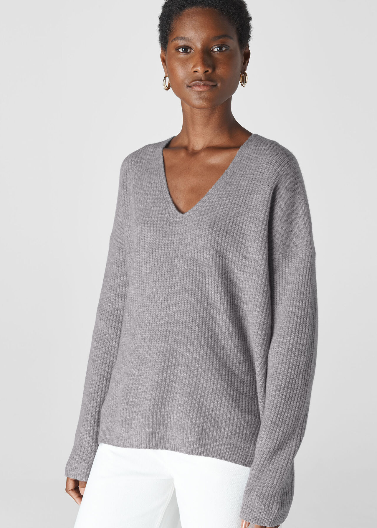 V Neck Rib Wool Sweater Grey