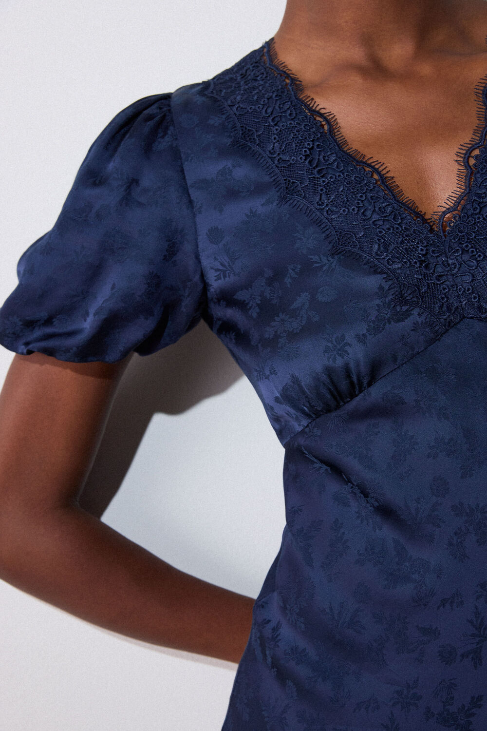 Navy Jacquard V Neck Midi Dress