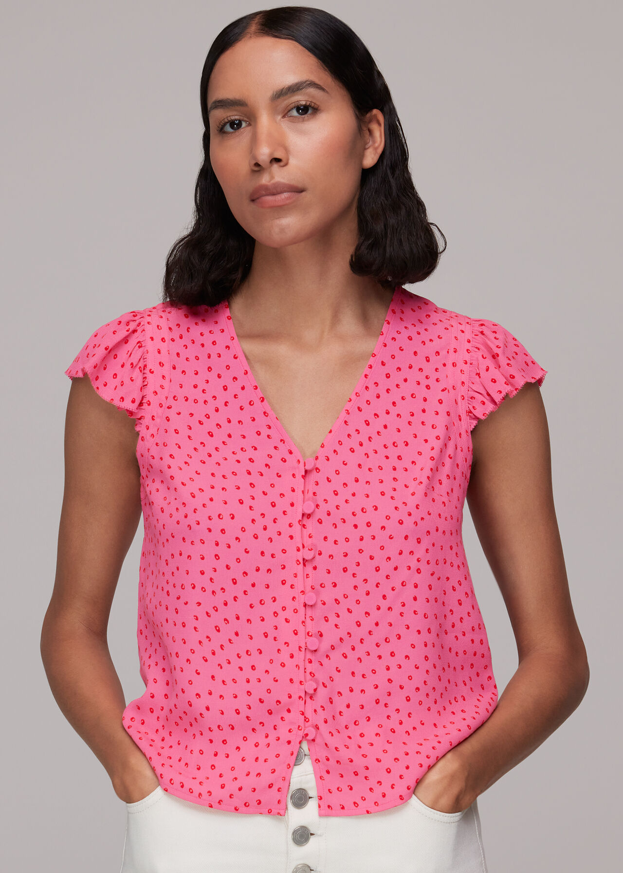 Spot Print Frill Sleeve Top