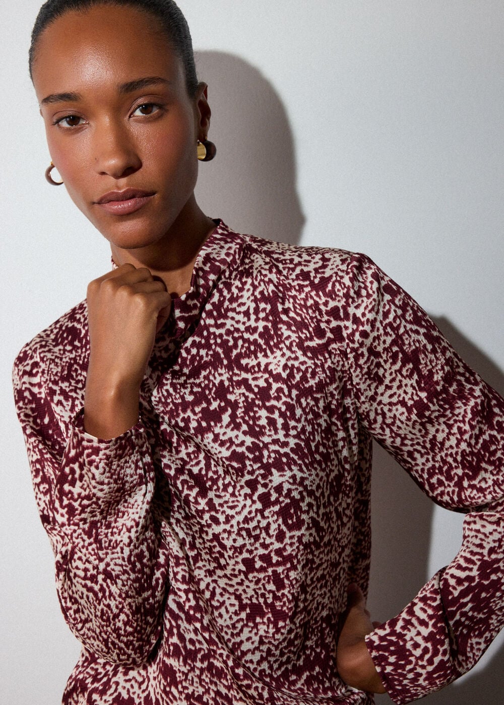 Burgundy Feathered Animal Satin Blouse