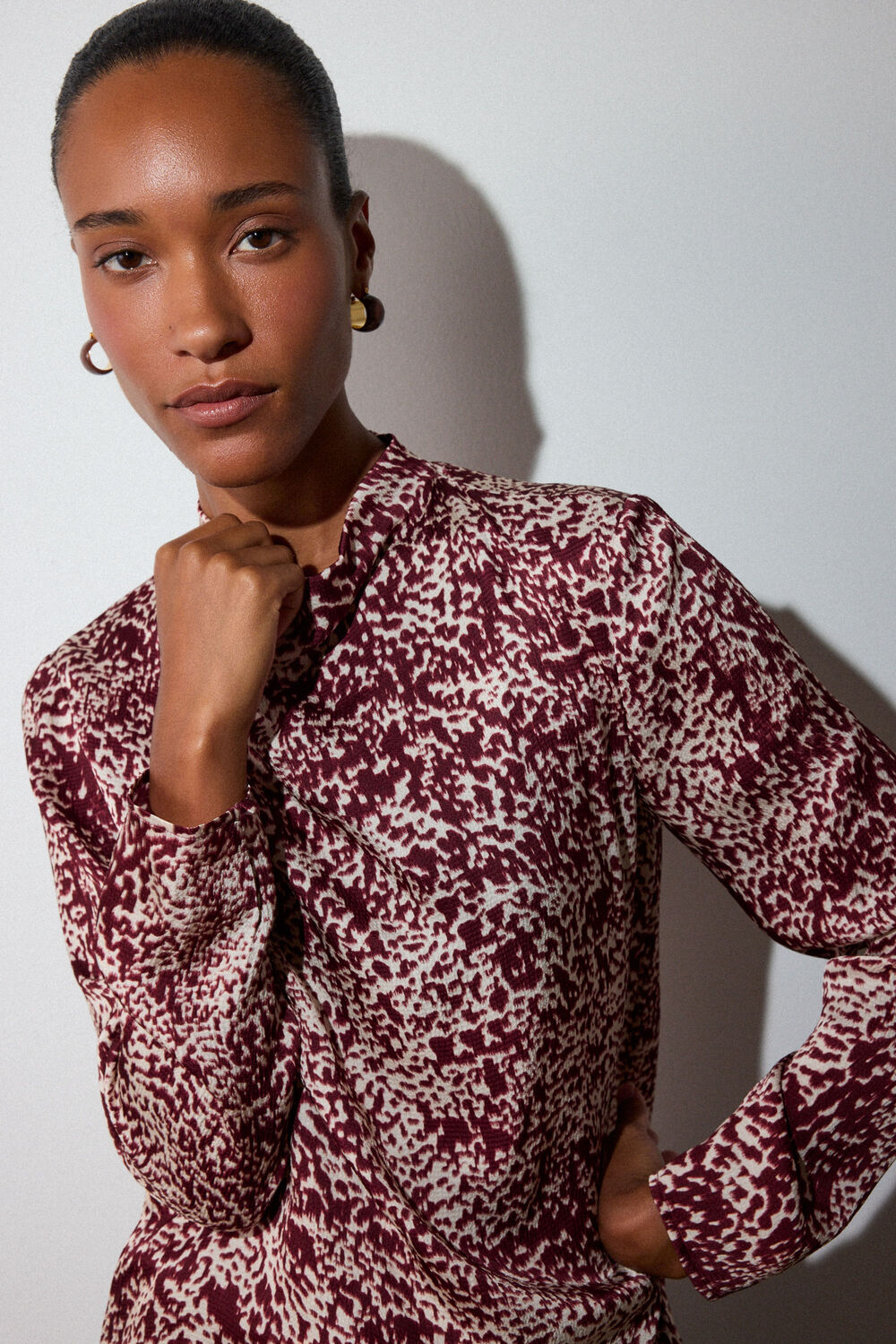 Burgundy Feathered Animal Satin Blouse
