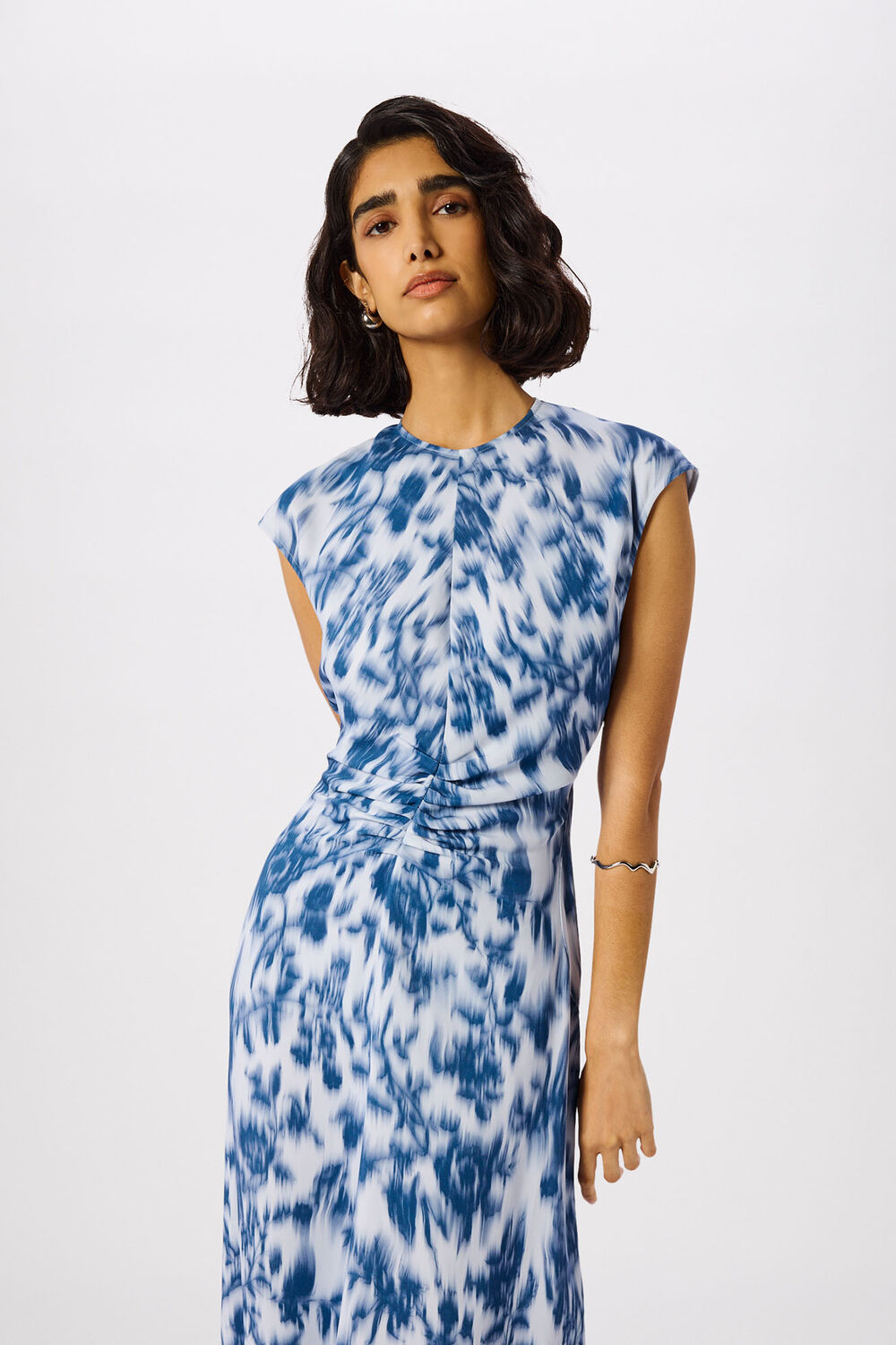 Blue Blurred Floral Crepe Dress