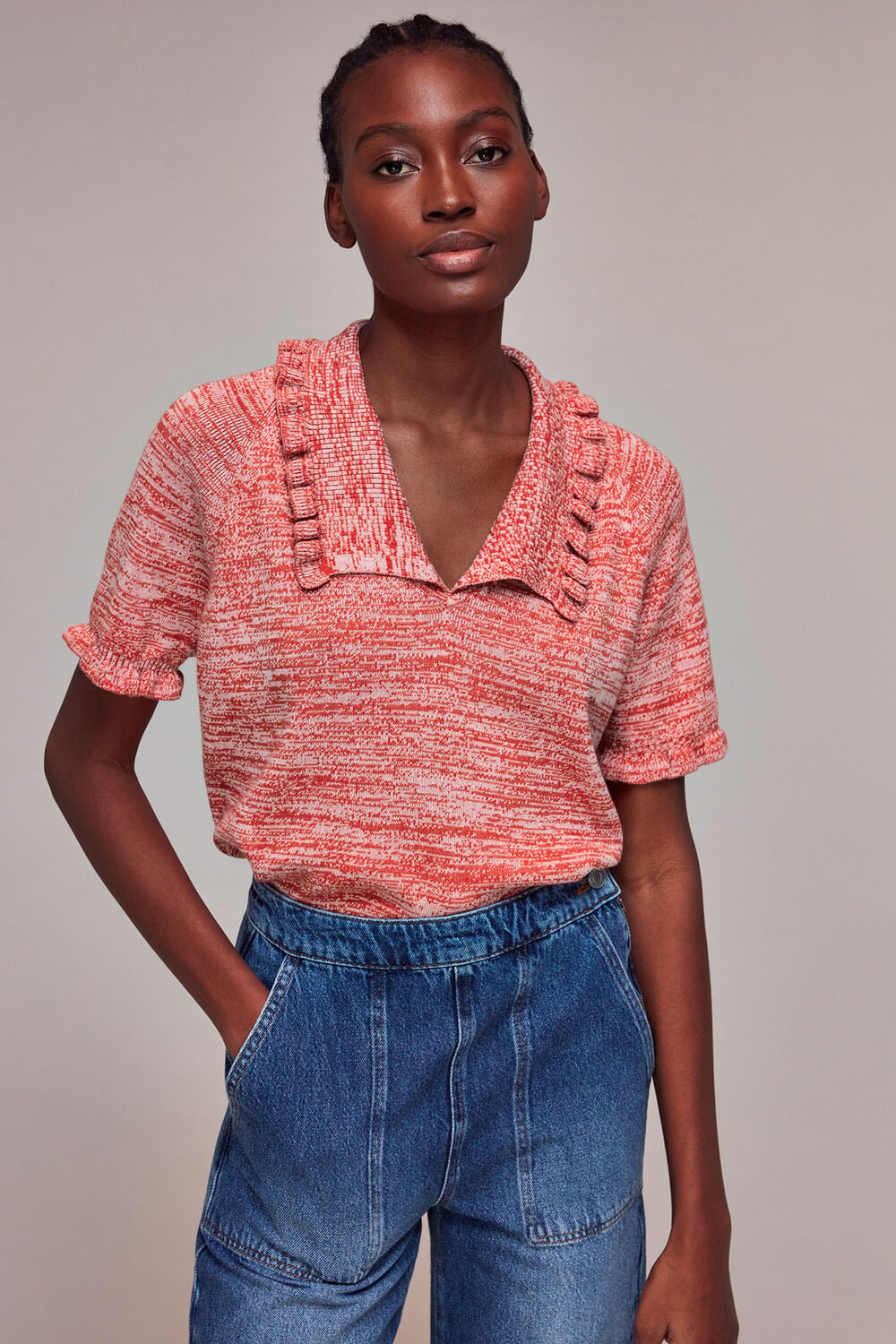 Frill Collar Short Sleeve Knit
