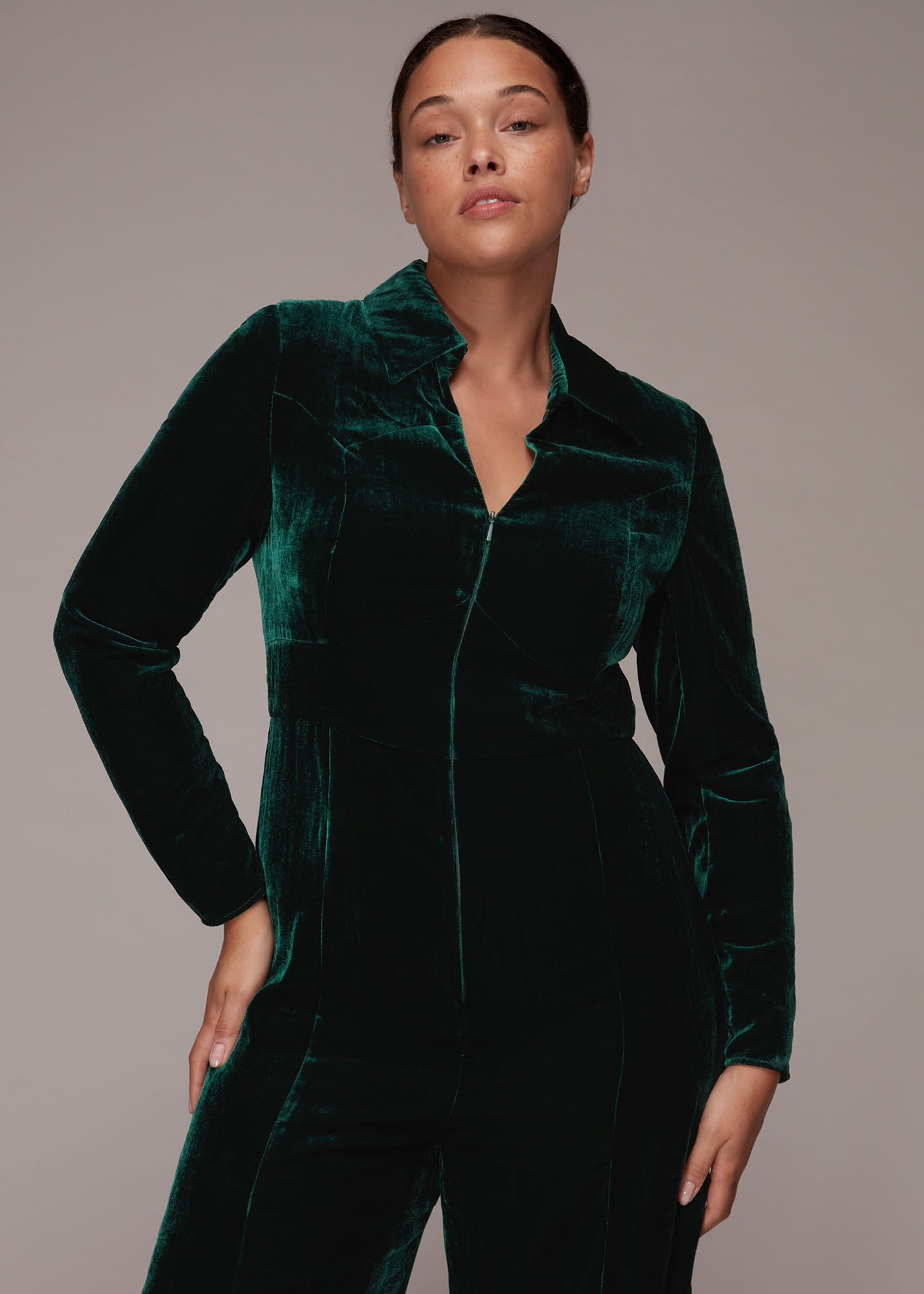 Green Velvet Zip Front Jumpsuit WHISTLES Whistles