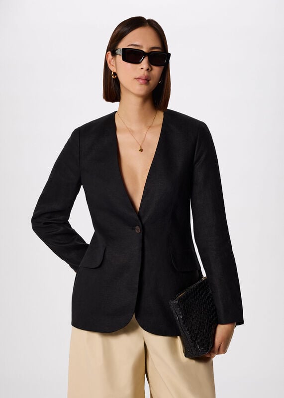 Black Collarless Linen Blazer