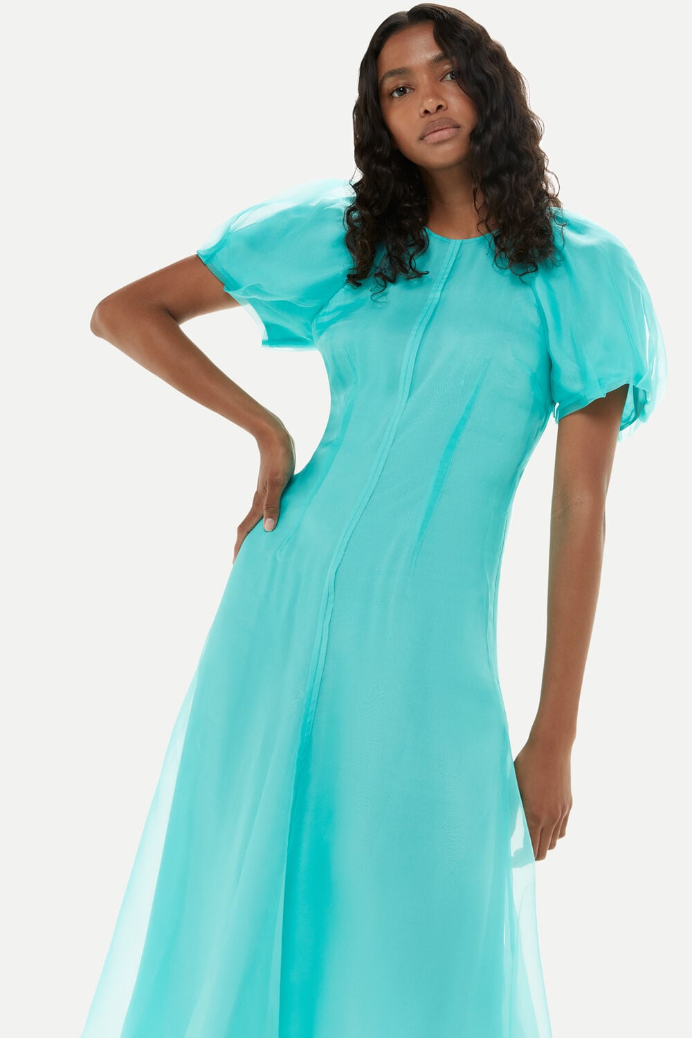 Turquoise Organza Silk Puff Sleeve Dress